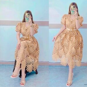 🌷Brand New Tan A-Line Midi Dress with Puff Sleeves for Weddings and Casual.